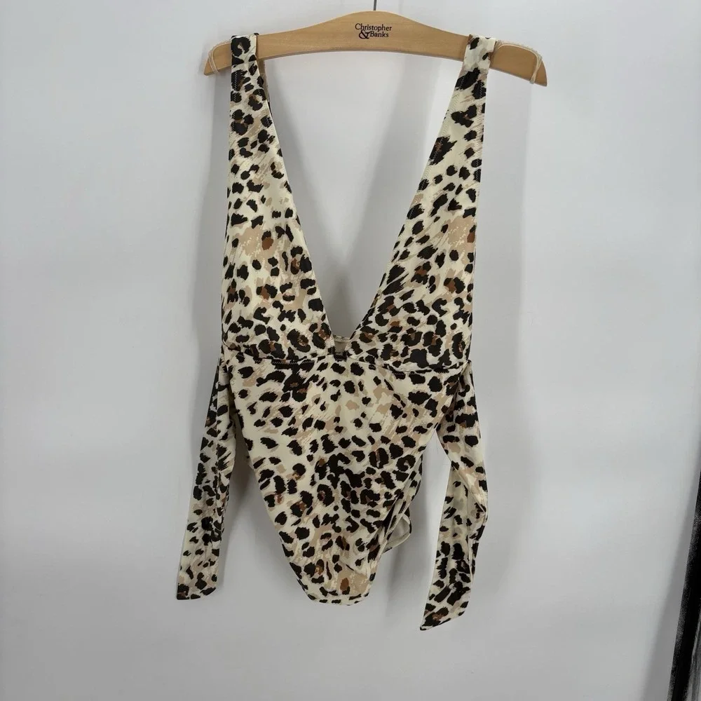 NEW Aerie Womans One Piece Swim Suit Leapord Print Deep V Plunge Size Large Long